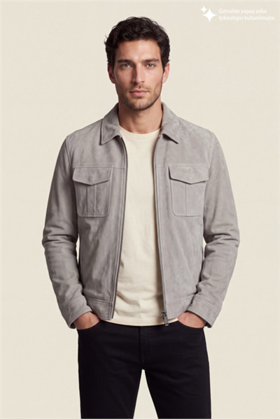 DKNY Suede Leather Zip Overshirt Erkek Deri Mont Gri