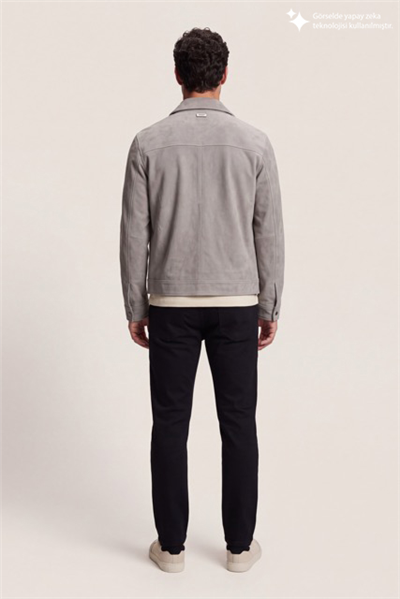 DKNY Suede Leather Zip Overshirt Erkek Deri Mont Gri