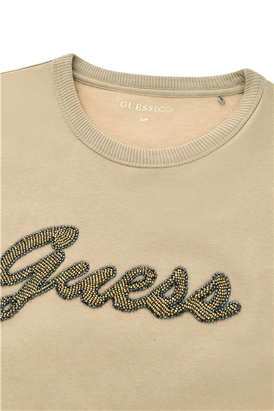 Guess Beads Kadın Regular Fit Bisiklet Yaka T-Shirt Siyah