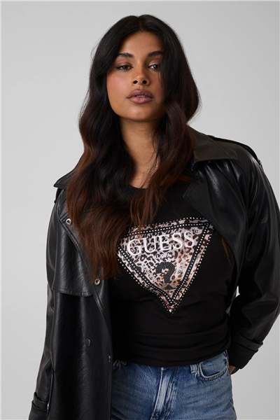 Guess Savanna Kadın Slim Fit Bisiklet Yaka T-Shirt Siyah