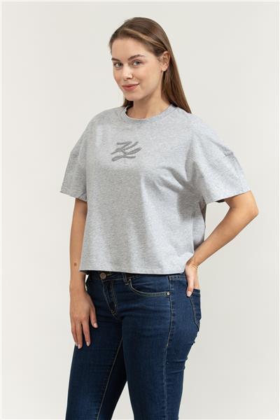 Karl Lagerfeld Autograph Sequins Kadın Bisiklet Yaka T-Shirt