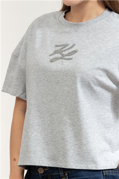 Karl Lagerfeld Autograph Sequins Kadın Bisiklet Yaka T-Shirt