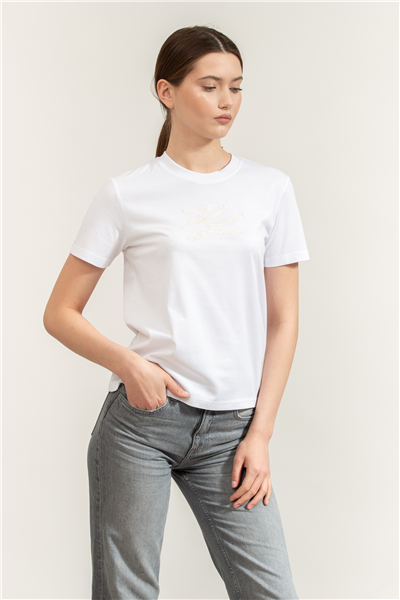 Karl Lagerfeld Boucle Autograph T-Shirt Kadın Bisiklet Yaka T-Shirt Beyaz