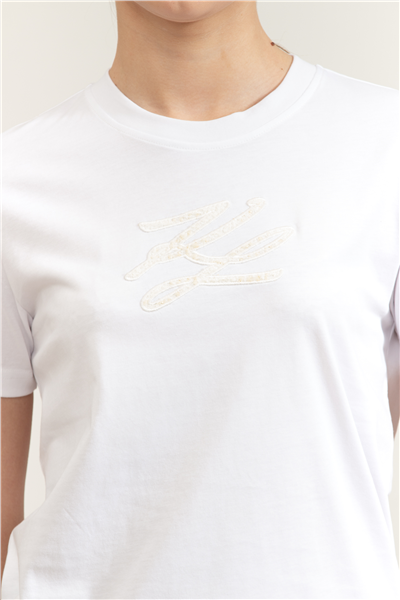 Karl Lagerfeld Boucle Autograph T-Shirt Kadın Bisiklet Yaka T-Shirt Beyaz