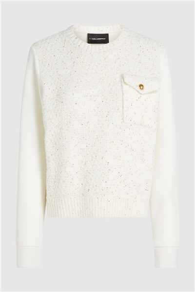 Karl Lagerfeld Boucle Knit Mix Kadın Bisiklet Yaka Sweatshirt Krem