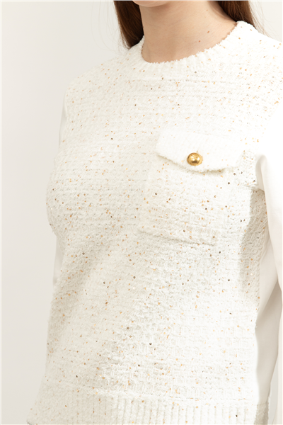 Karl Lagerfeld Boucle Knit Mix Kadın Bisiklet Yaka Sweatshirt