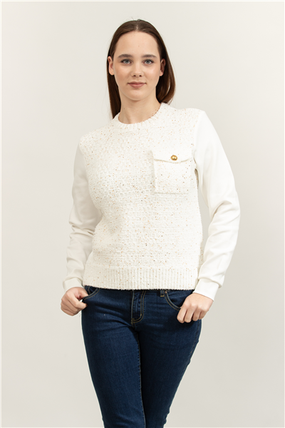 Karl Lagerfeld Boucle Knit Mix Kadın Bisiklet Yaka Sweatshirt