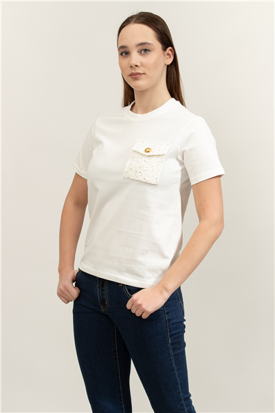 Karl Lagerfeld Boucle Knit Pocket Kadın Bisiklet Yaka T-Shirt