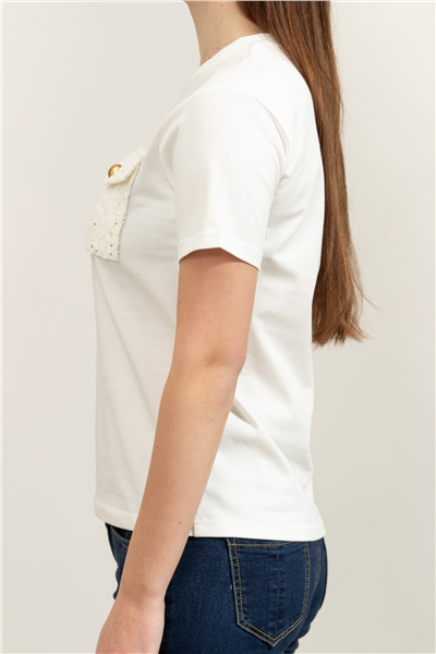 Karl Lagerfeld Boucle Knit Pocket Kadın Bisiklet Yaka T-Shirt