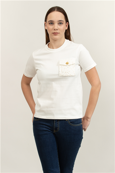 Karl Lagerfeld Boucle Knit Pocket Kadın Bisiklet Yaka T-Shirt