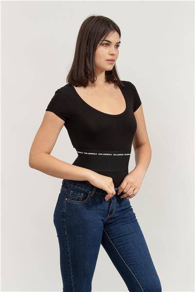 Karl Lagerfeld Branded Kadın Bisiklet Yaka T-Shirt Siyah