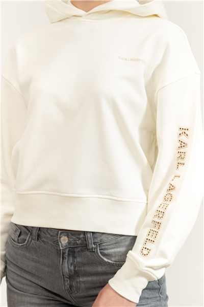 Karl Lagerfeld Embroidery Detail Hoodie Kadın Kapüşonlu Sweatshirt Krem