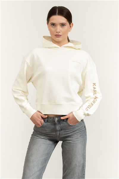 Karl Lagerfeld Embroidery Detail Hoodie Kadın Kapüşonlu Sweatshirt Krem