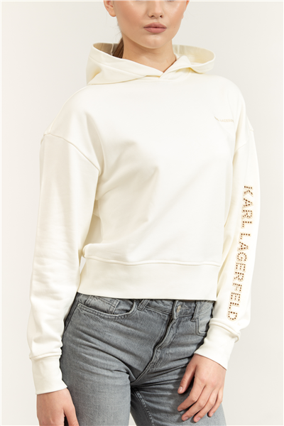 Karl Lagerfeld Embroidery Detail Hoodie Kadın Kapüşonlu Sweatshirt Krem