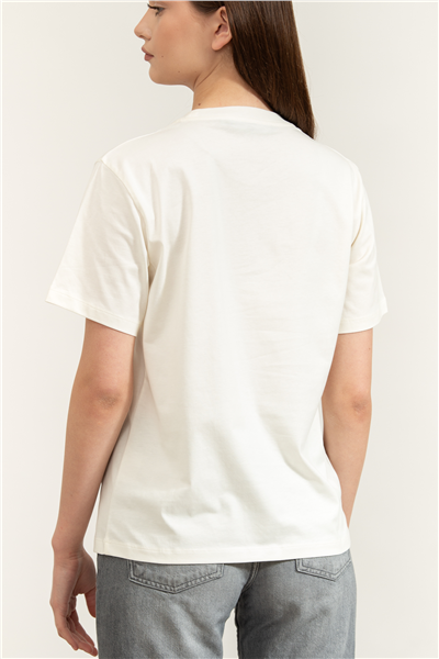 Karl Lagerfeld Embroidery Detail T-Shirt Kadın Bisiklet Yaka T-Shirt Krem