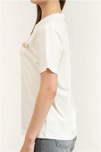 Karl Lagerfeld Embroidery Detail T-Shirt Kadın Bisiklet Yaka T-Shirt Krem