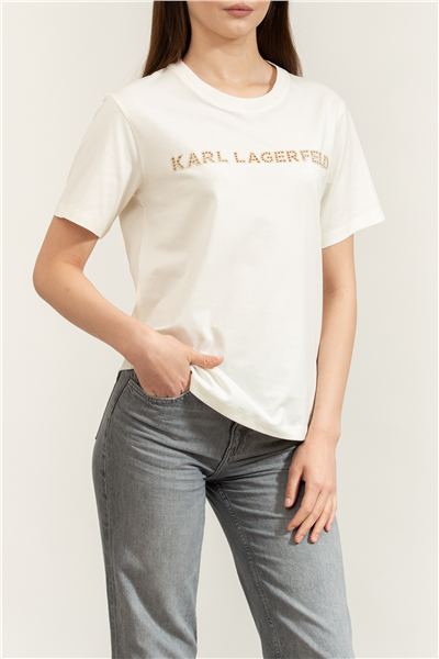 Karl Lagerfeld Embroidery Detail T-Shirt Kadın Bisiklet Yaka T-Shirt Krem