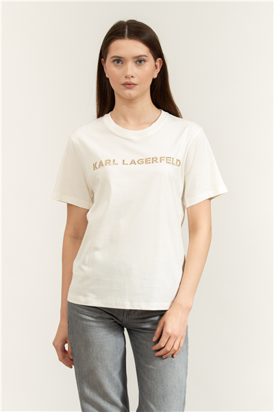 Karl Lagerfeld Embroidery Detail T-Shirt Kadın Bisiklet Yaka T-Shirt Krem