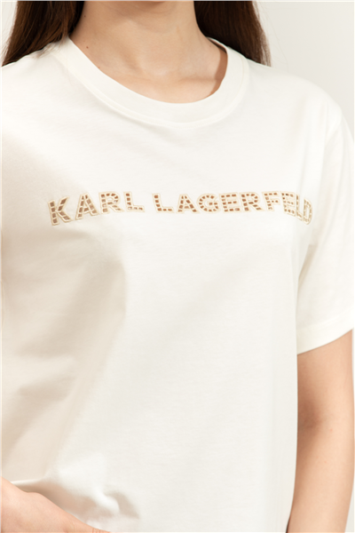 Karl Lagerfeld Embroidery Detail T-Shirt Kadın Bisiklet Yaka T-Shirt Krem