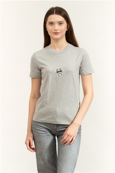 Karl Lagerfeld ikon Rs Circle Melange T-Shirt Kadın Bisiklet Yaka T-Shirt Gri