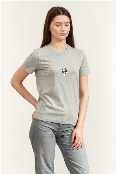 Karl Lagerfeld ikon Rs Circle Melange T-Shirt Kadın Bisiklet Yaka T-Shirt Gri