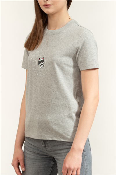 Karl Lagerfeld ikon Rs Circle Melange T-Shirt Kadın Bisiklet Yaka T-Shirt Gri