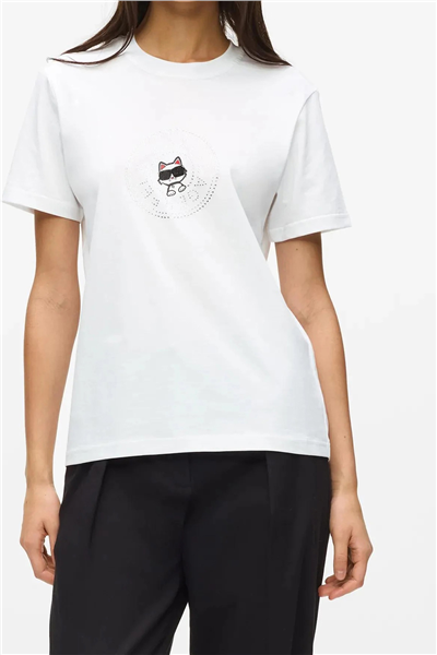 Karl Lagerfeld ikon Rs Circle T-Shirt Kadın Bisiklet Yaka T-Shirt Beyaz