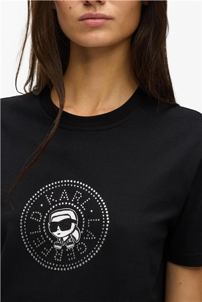 Karl Lagerfeld ikon Rs Circle T-Shirt Kadın Bisiklet Yaka T-Shirt Siyah