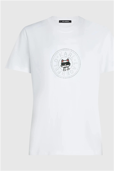 Karl Lagerfeld ikon Rs Circle T-Shirt Kadın Bisiklet Yaka T-Shirt Beyaz