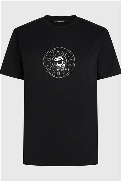 Karl Lagerfeld ikon Rs Circle T-Shirt Kadın Bisiklet Yaka T-Shirt Siyah