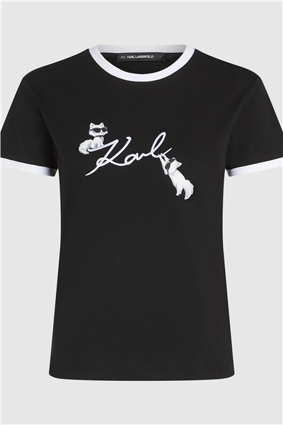 Karl Lagerfeld Ikon Signature Choupette Tee Kadın Bisiklet Yaka T-Shirt Siyah