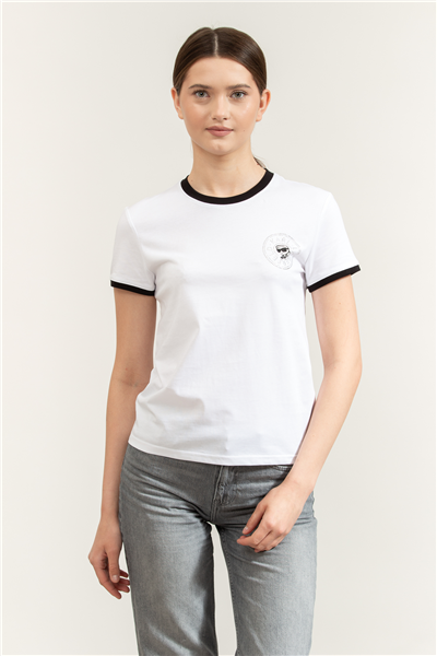 Karl Lagerfeld ikon Small Circle T-Shirt Kadın Bisiklet Yaka T-Shirt Siyah
