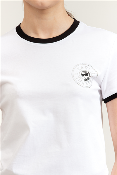 Karl Lagerfeld ikon Small Circle T-Shirt Kadın Bisiklet Yaka T-Shirt Siyah