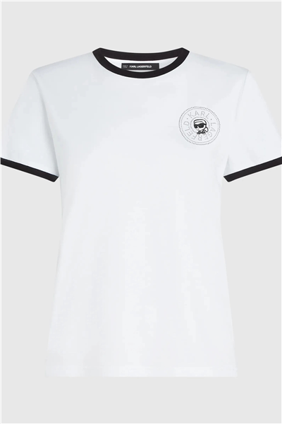 Karl Lagerfeld ikon Small Circle T-Shirt Kadın Bisiklet Yaka T-Shirt Siyah