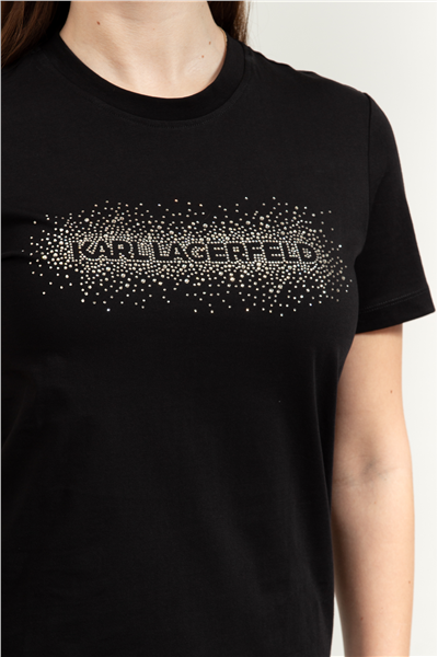 Karl Lagerfeld Logo Rhinestone Kadın Bisiklet Yaka T-Shirt