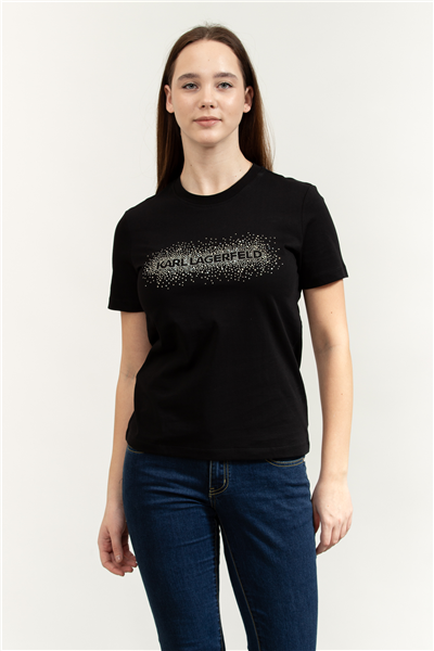 Karl Lagerfeld Logo Rhinestone Kadın Bisiklet Yaka T-Shirt