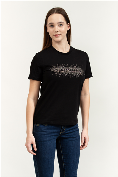 Karl Lagerfeld Logo Rhinestone Kadın Bisiklet Yaka T-Shirt
