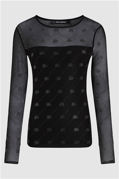 Karl Lagerfeld Mesh Rhinestone LSLV Top Kadın Bluz Siyah