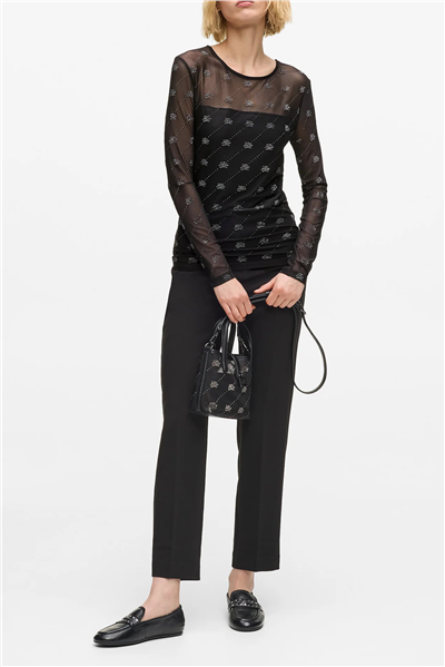 Karl Lagerfeld Mesh Rhinestone LSLV Top Kadın Bluz Siyah