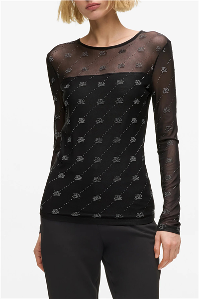 Karl Lagerfeld Mesh Rhinestone LSLV Top Kadın Bluz Siyah