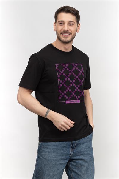Karl Lagerfeld Monogram Erkek Bisiklet Yaka T-Shirt Siyah
