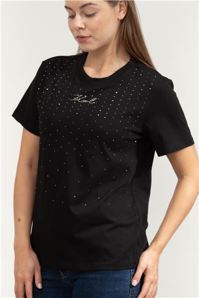 Karl Lagerfeld Rhinestone Rain Kadın Bisiklet Yaka T-Shirt