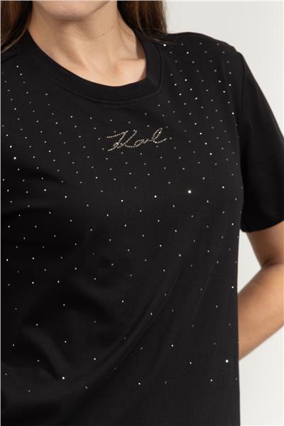 Karl Lagerfeld Rhinestone Rain Kadın Bisiklet Yaka T-Shirt