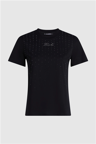 Karl Lagerfeld Rhinestone Rain Kadın Bisiklet Yaka T-Shirt Siyah