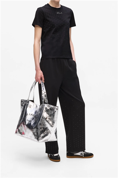 Karl Lagerfeld Rhinestone Rain Kadın Bisiklet Yaka T-Shirt Siyah