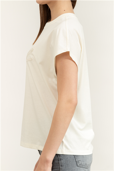 Karl Lagerfeld Rope Logo T-Shirt Kadın Bisiklet Yaka T-Shirt Krem