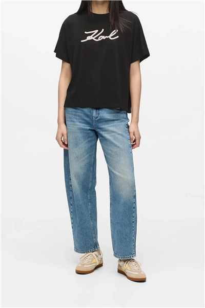 Karl Lagerfeld Rope Logo T-Shirt Kadın Bisiklet Yaka T-Shirt Siyah
