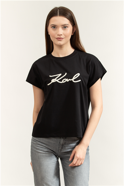Karl Lagerfeld Rope Logo T-Shirt Kadın Bisiklet Yaka T-Shirt Siyah