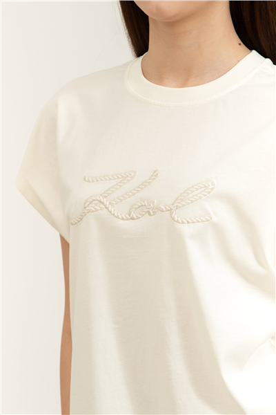Karl Lagerfeld Rope Logo T-Shirt Kadın Bisiklet Yaka T-Shirt Krem
