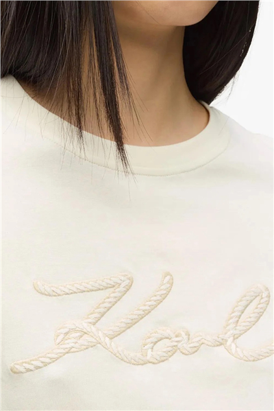 Karl Lagerfeld Rope Logo T-Shirt Kadın Bisiklet Yaka T-Shirt Krem